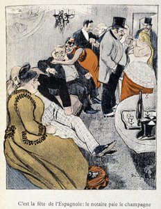 Filles et Marlous: È la festa degli spagnoli: il notaio paga lo champagne - in "Dans la vie", di Steinlen 1901 da Théophile Alexandre Steinlen