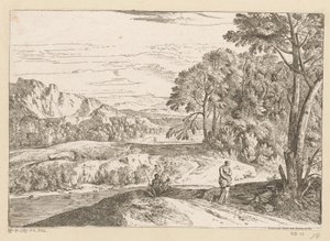 Arcadisch landschap met een een visser bij een beek da Théodore