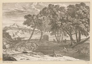 Paesaggio arcadico con un pescatore in una barca (serie: Suite de Paysages) da Théodore