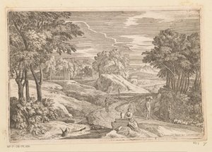Paesaggio arcadico con una donna seduta vicino a un vaso e altre figure (Suite de Paysages) da Théodore