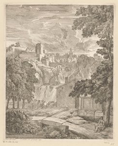 Paesaggio arcadico con una cascata e una donna sotto un albero da Théodore