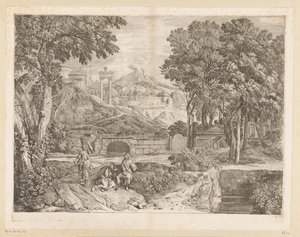 Paesaggio arcadico con due uomini e una donna che porta frutta da Théodore