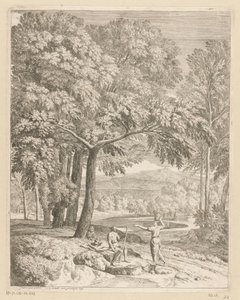Paesaggio arcadico con due uomini e una donna con un cesto da Théodore
