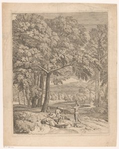 Paesaggio arcadico con due uomini e una donna con un cesto da Théodore