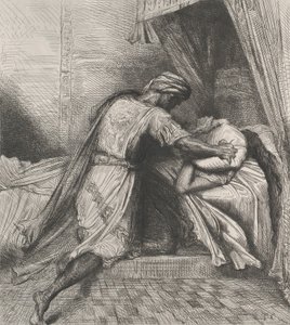 La soffoca: tavola 13 da Otello Atto 5, Scena 2, inciso 1844, ristampato 1900 da Théodore Chassériau