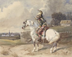 Dragone francese su un cavallo bianco, rivolto a sinistra, di profilo da Théodore Fort (signed by artist)