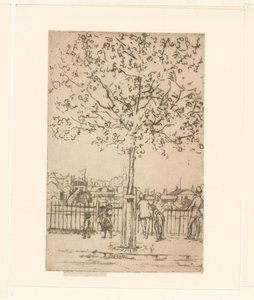 Sei figure vicino a una recinzione lungo un fiume, in primo piano un albero da Théodore Roussel (signed by artist)
