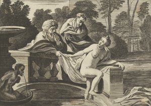 Susanna, parzialmente nuda e che esce da una fontana con due anziani a sinistra