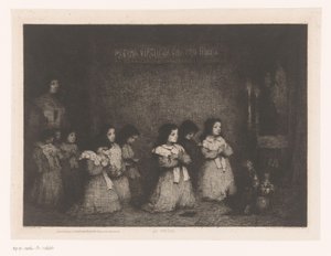 Gruppo di ragazze in preghiera davanti a una statua della Madonna da Théodule Augustin Ribot