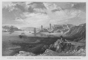 North e South Shields, viste dalle rocce vicino a Tynemouth (incisione) da Thomas (after) Allom