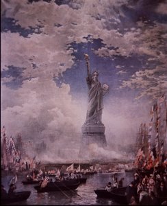 Inaugurazione della Statua della Libertà nel porto di New York, 28 ottobre 1886 (litografia a colori) da Thomas (after) Moran