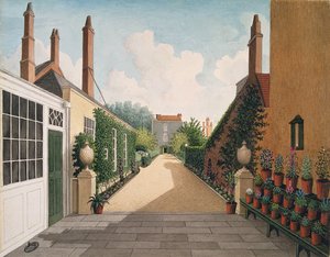 Piazza San Giacomo, Bristol: Vista del giardino, c.1805-06 da un patio pavimentato