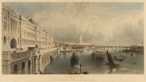 Veduta di Londra, Inghilterra, dal Somerset House Marine Building, con la Cattedrale di San Paolo e il Ponte di Londra. Litografia