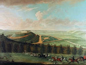 Vista del castello di Belvoir da sud-ovest, con la caccia di Belvoir in piena corsa, 1730 da Thomas Badeslade