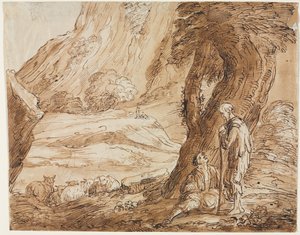 Paesaggio con pecore e due pastori