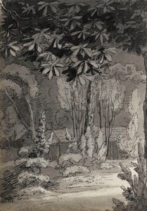 Vista attraverso gli alberi verso un edificio a un piano da Thomas Baxter