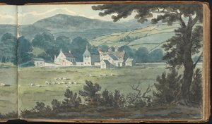 Album di studi di paesaggi e figure: Scena di paesaggio rurale con fattoria e pecore al pascolo