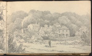Album di studi di paesaggi e figure: scena rurale con case e un cacciatore e il suo cane da Thomas Bradshaw