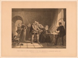 Maria Stuarda costretta a firmare la sua abdicazione nel castello di Lochleven da Thomas Brown