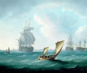 Navi da guerra britanniche e un Hulk in un Mare Mosso, una Barca a Vela in Primo Piano