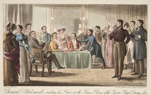 Bernard Blackmantle che legge la sua farsa nella sala verde del Covent Garden Theatre, da The English Spy, pub. 1824 da Thomas Charles Wageman