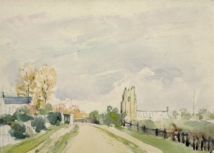 Paesaggio del Suffolk, una strada larga con una piccola casa, una chiesa e alberi da Thomas Churchyard
