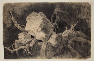Cacciatore in piedi in una grotta vicino a una roccia e una cascata da Thomas Cole