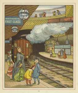 Una donna in piedi con un gruppo di bambini su una piattaforma alla stazione ferroviaria di Portland Road da Thomas Crane