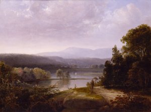 Vista sul fiume con cacciatori e cani da Thomas Doughty