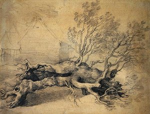 Un albero caduto con edifici agricoli oltre da Thomas Gainsborough