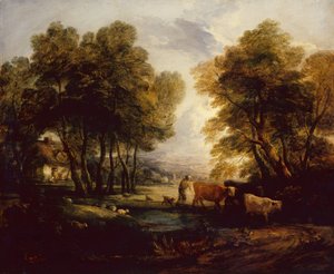 Paesaggio boscoso con pastore, mucche e pecore vicino a una pozza