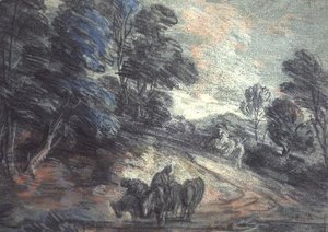 Paesaggio boscoso con cavalli che bevono da Thomas Gainsborough