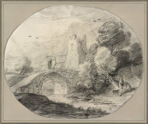 Paesaggio fluviale con ponte e chiesa