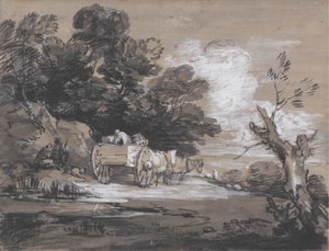 Paesaggio boscoso con carrozza di campagna e figure