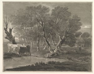 Paesaggio boscoso con mucche vicino a una pozza, figure e cottage da Thomas Gainsborough