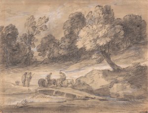 Paesaggio boscoso con figure a cavallo che attraversano un ponte da Thomas Gainsborough