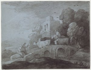 Paesaggio boscoso con mandriano che guida il bestiame
