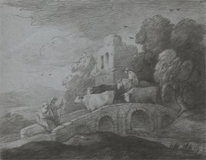 Paesaggio Boschivo con Mandriano che Guida il Bestiame su un Ponte, Amanti Rustici e Castello in Rovina da Thomas Gainsborough