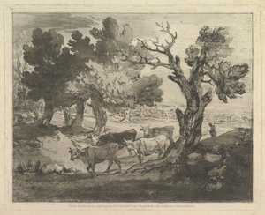 Paesaggio boscoso con mandriani e mucche