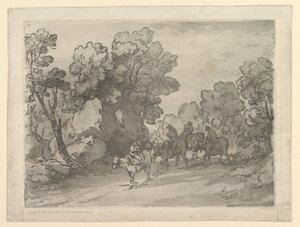 Paesaggio boscoso con cavalieri