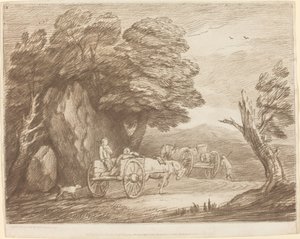 Paesaggio boscoso con due carri e figure di campagna