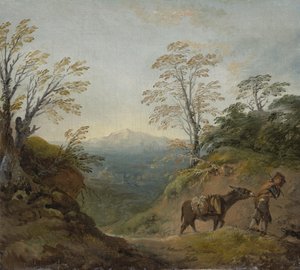 Paesaggio boscoso con un ragazzo che guida un asino e un cane, e un ampio panorama con edifici e colline lontane, primi anni 1760 da Thomas Gainsborough
