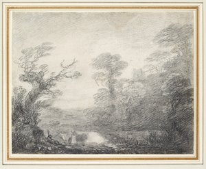 Paesaggio boscoso con mandriano, mucche e campanile