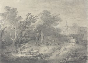 Boschi vicino a un villaggio con cacciatori di conigli e i loro levrieri da Thomas Gainsborough