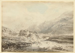 Paesaggio montuoso con mulino a ruota idraulica superiore e ponte da Thomas Girtin