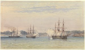 La Guerra della Cina 1857, tre navi di SM bombardano e le barche della nave a terra da Thomas Goldsworth Dutton