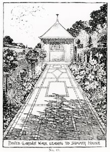 Passeggiata pavimentata del giardino che conduce alla casa estiva, da 