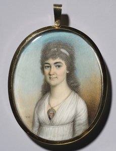 Ritratto di una donna che indossa un miniatura, c. 1780 da Thomas Hazlehurst