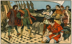 Cristoforo Colombo durante il suo viaggio in America (litografia a colori) da Thomas Heath Robinson