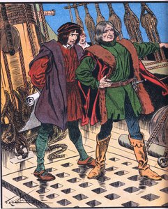 Colombo durante il suo viaggio in America (litografia a colori) da Thomas Heath Robinson